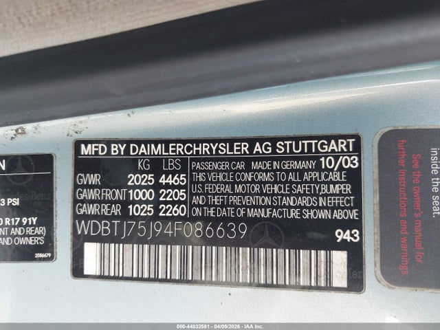 Продажа на аукционе авто 2004 Mercedes-benz Clk 500, vin: WDBTJ75J94F086639, номер лота: 44832581
