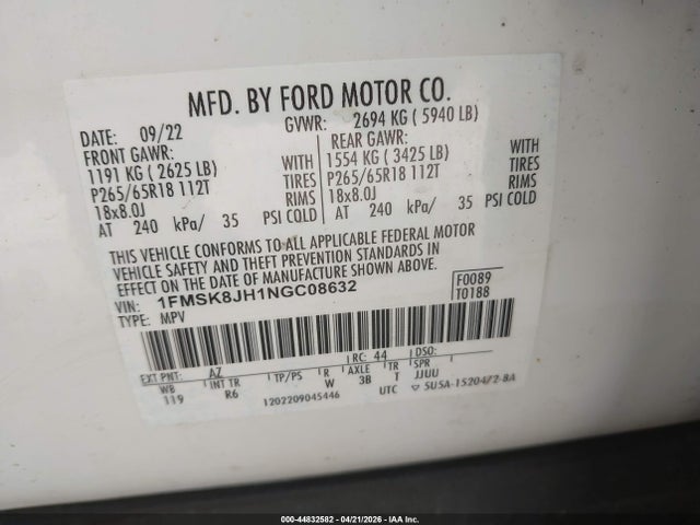 Продаж на аукціоні авто 2022 Ford Explorer Timberline, vin: 1FMSK8JH1NGC08632, номер лоту: 44832582