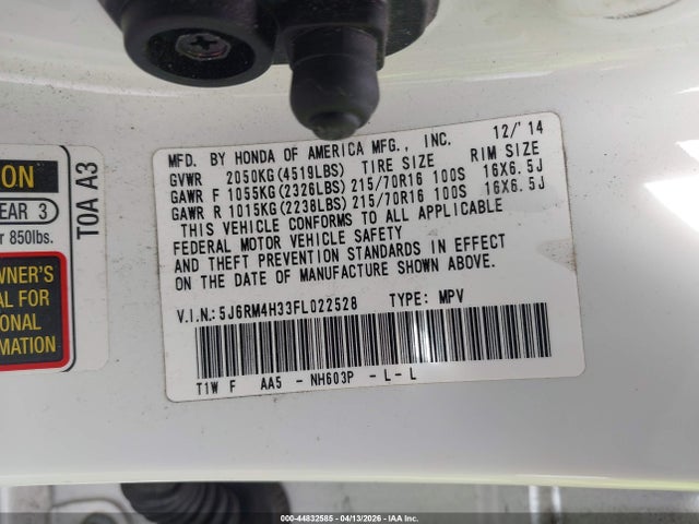 Honda CR-V LX 2015 5J6RM4H33FL022528 Image 9