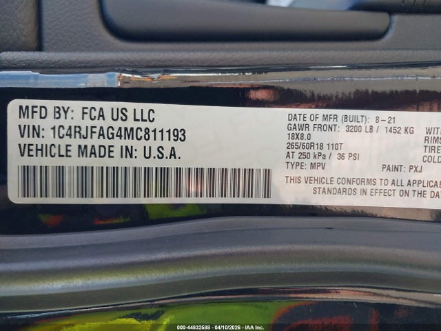 2021 Jeep Grand Cherokee Laredo E 4x4 მანქანა იყიდება აუქციონზე, vin: 1C4RJFAG4MC811193, აუქციონის ნომერი: 44832588