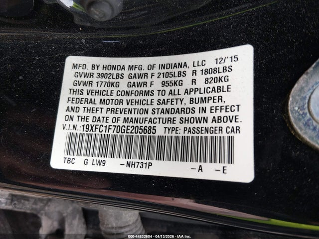 Aukcja sprzedaży 2016 Honda Civic Ex-l, vin: 19XFC1F70GE205685, numer aukcji: 44832604