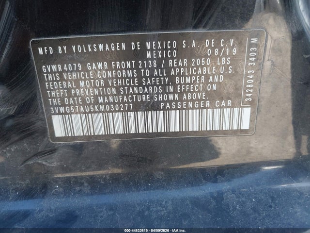 Aukcja sprzedaży 2019 Volkswagen Golf 1.4t S/1.4t Se, vin: 3VWG57AU5KM030277, numer aukcji: 44832619
