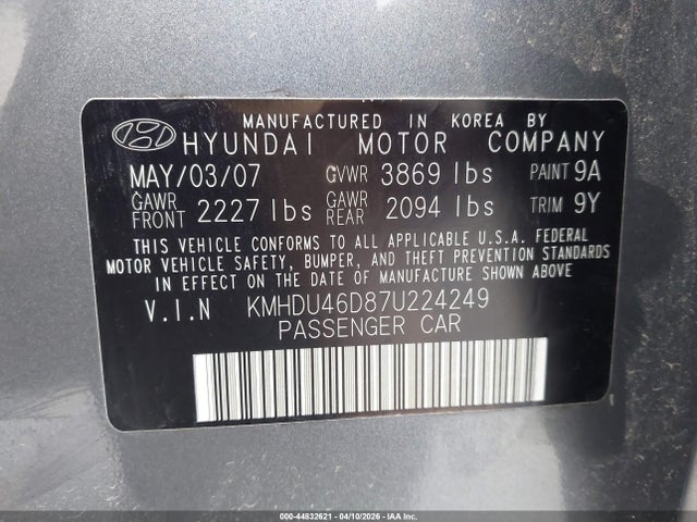 Aukcja sprzedaży 2007 Hyundai Elantra Gls/limited/se, vin: KMHDU46D87U224249, numer aukcji: 44832621