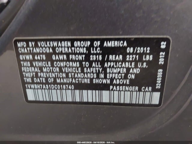 44832639 :رقم المزاد ، 1VWBH7A31DC018740 vin ، 2013 Volkswagen Passat 2.5l Se مزاد بيع