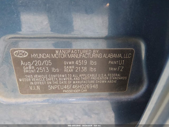 Aukcja sprzedaży 2006 Hyundai Sonata Gls V6/lx V6, vin: 5NPEU46F46H026948, numer aukcji: 44832640