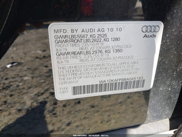 Продаж на аукціоні авто 2011 Audi Q5 3.2 Premium Plus, vin: WA1DKAFP8BA045183, номер лоту: 44832643