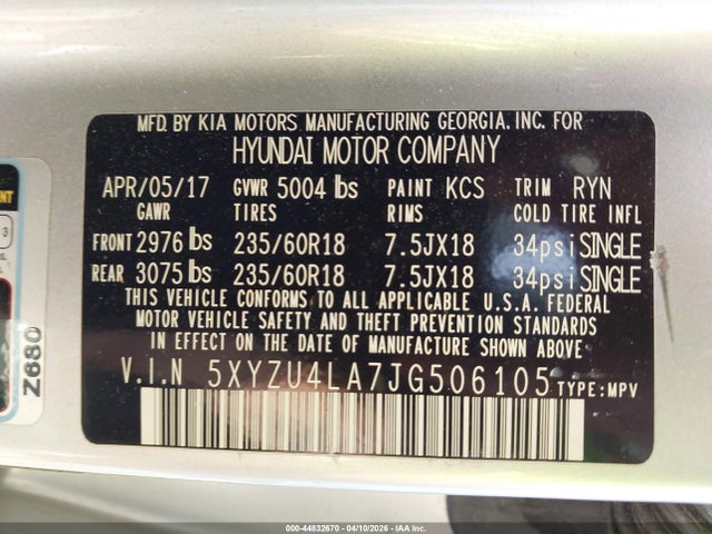 44832670 :رقم المزاد ، 5XYZU4LA7JG506105 vin ، 2018 Hyundai Santa Fe Sport 2.0t مزاد بيع