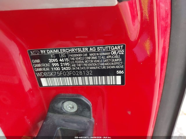 44832671 :رقم المزاد ، WDBSK75F03F028132 vin ، 2003 Mercedes-benz Sl 500 مزاد بيع