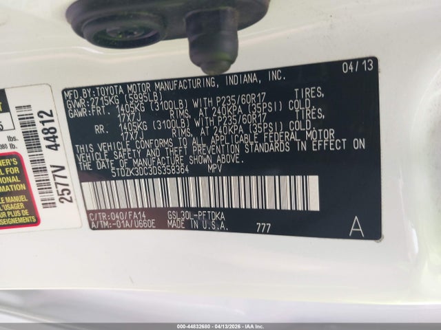 2013 Toyota Sienna L V6 7 Passenger მანქანა იყიდება აუქციონზე, vin: 5TDZK3DC3DS358364, აუქციონის ნომერი: 44832680