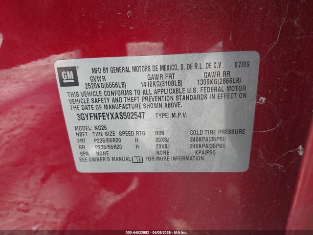 44832682 :رقم المزاد ، 3GYFNFEYXAS502547 vin ، 2010 Cadillac Srx Premium Collection مزاد بيع