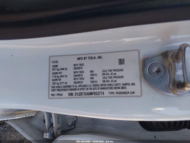 Aukcja sprzedaży 2021 Tesla Model 3 Standard Range Plus Rear-wheel Drive, vin: 5YJ3E1EA6MF853774, numer aukcji: 44832698