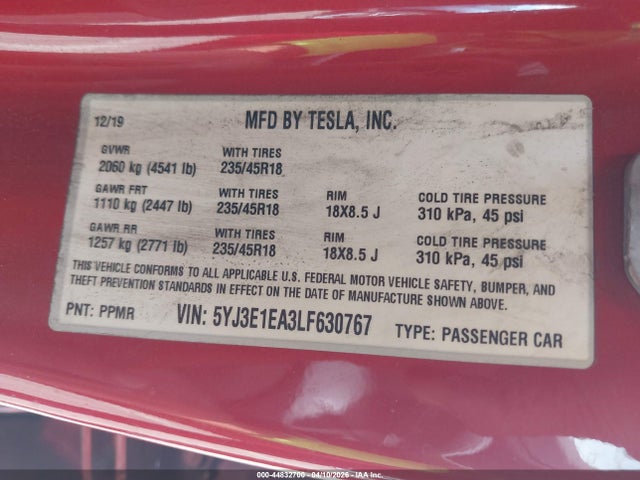 Aukcja sprzedaży 2020 Tesla Model 3 Standard Range Plus Rear-wheel Drive/standard Range Rear-wheel Drive, vin: 5YJ3E1EA3LF630767, numer aukcji: 44832700