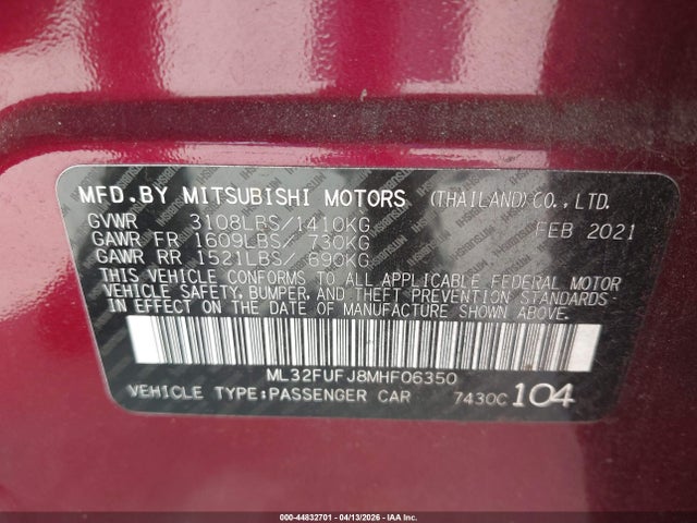 Aukcja sprzedaży 2021 Mitsubishi Mirage G4 Carbonite Edition/es/le, vin: ML32FUFJ8MHF06350, numer aukcji: 44832701