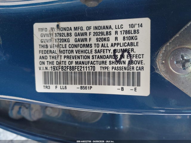 44832706 :رقم المزاد ، 19XFB2F88FE211170 vin ، 2015 Honda Civic Ex مزاد بيع