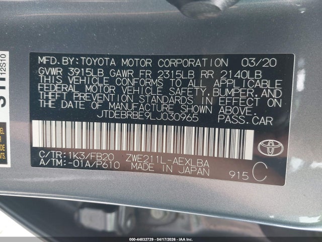 JTDEBRBE9LJ030965 Toyota Corolla Hybrid Le