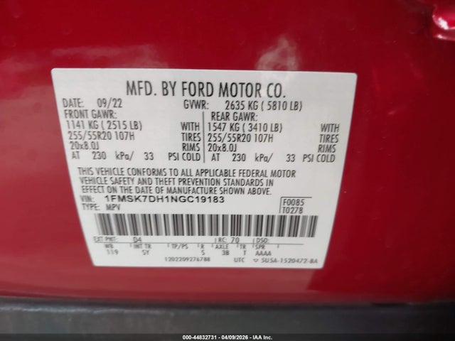 Продажа на аукционе авто 2022 Ford Explorer Xlt, vin: 1FMSK7DH1NGC19183, номер лота: 44832731