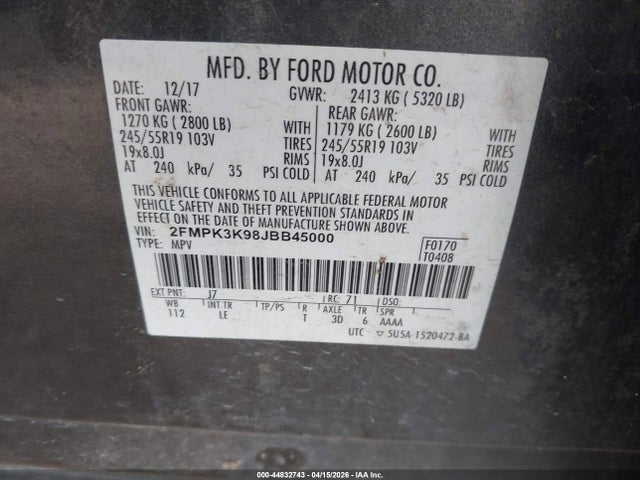 Продаж на аукціоні авто 2018 Ford Edge Titanium, vin: 2FMPK3K98JBB45000, номер лоту: 44832743
