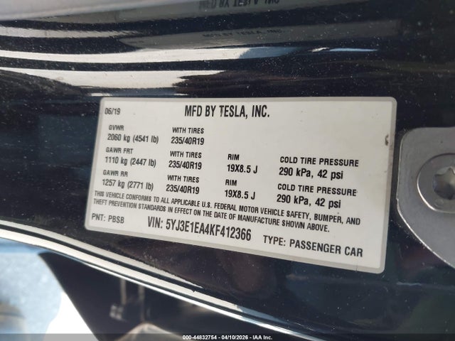 Продаж на аукціоні авто 2019 Tesla Model 3 Long Range/mid Range/standard Range/standard Range Plus, vin: 5YJ3E1EA4KF412366, номер лоту: 44832754