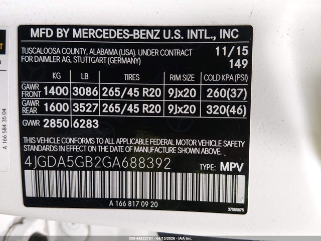 44832761 :رقم المزاد ، 4JGDA5GB2GA688392 vin ، 2016 Mercedes-benz Gle 400 4matic مزاد بيع