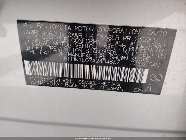 Продаж на аукціоні авто 2010 Lexus Es 350, vin: JTHBK1EG7A2404867, номер лоту: 44832763