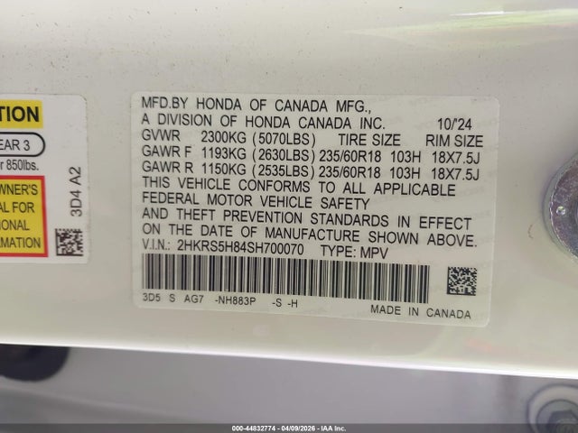 Aukcja sprzedaży 2025 Honda Cr-v Hybrid Sport-l, vin: 2HKRS5H84SH700070, numer aukcji: 44832774
