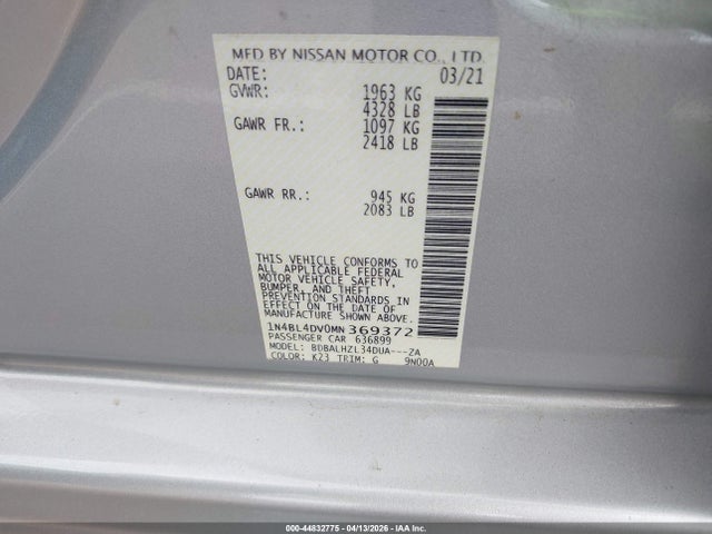 Aukcja sprzedaży 2021 Nissan Altima Sv Fwd, vin: 1N4BL4DV0MN369372, numer aukcji: 44832775