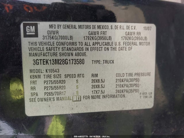 44832779 :رقم المزاد ، 3GTEK13M28G173580 vin ، 2008 Gmc Sierra 1500 Slt مزاد بيع