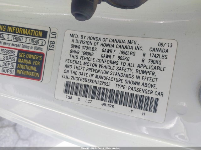 44832785 :رقم المزاد ، 2HGFG3B5XDH522055 vin ، 2013 Honda Civic Lx مزاد بيع