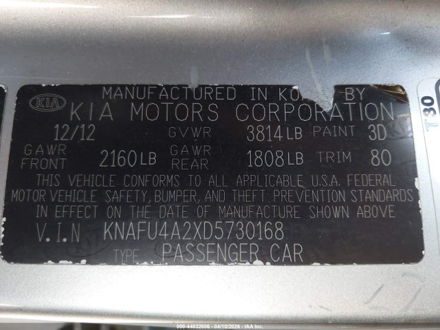 44832806 :رقم المزاد ، KNAFU4A2XD5730168 vin ، 2013 Kia Forte Ex مزاد بيع