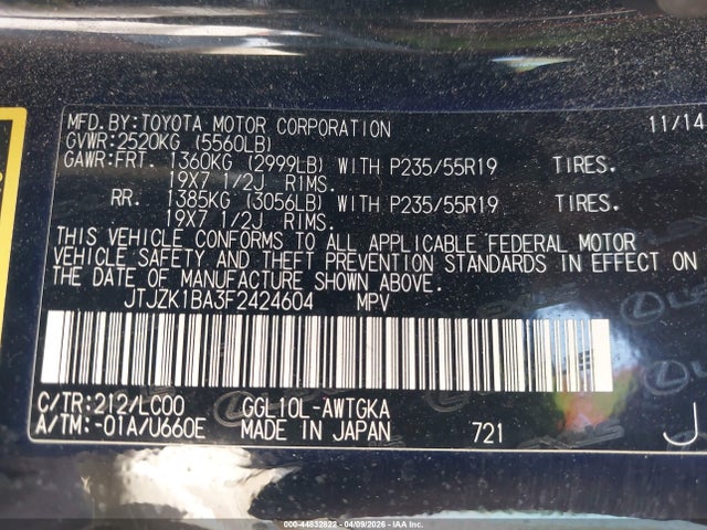JTJZK1BA3F2424604 Lexus RX 350