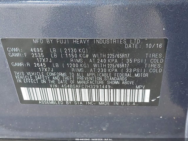 Продаж на аукціоні авто 2017 Subaru Outback 2.5i Premium, vin: 4S4BSAFC7H3291449, номер лоту: 44832845