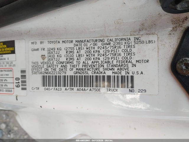 Продажа на аукционе авто 2006 Toyota Tacoma Prerunner V6, vin: 5TETU62N66Z213279, номер лота: 44832861