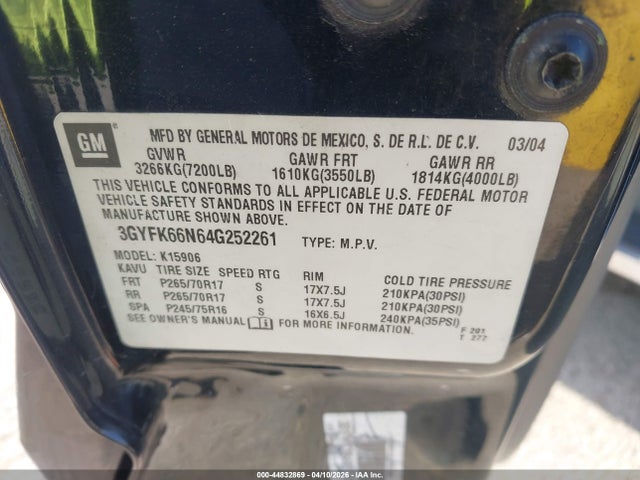 2004 Cadillac Escalade Esv Standard მანქანა იყიდება აუქციონზე, vin: 3GYFK66N64G252261, აუქციონის ნომერი: 44832869