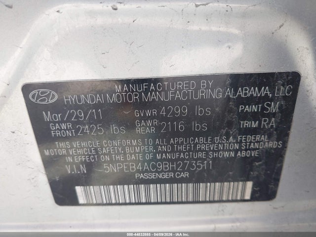 Aukcja sprzedaży 2011 Hyundai Sonata Gls, vin: 5NPEB4AC9BH273511, numer aukcji: 44832885