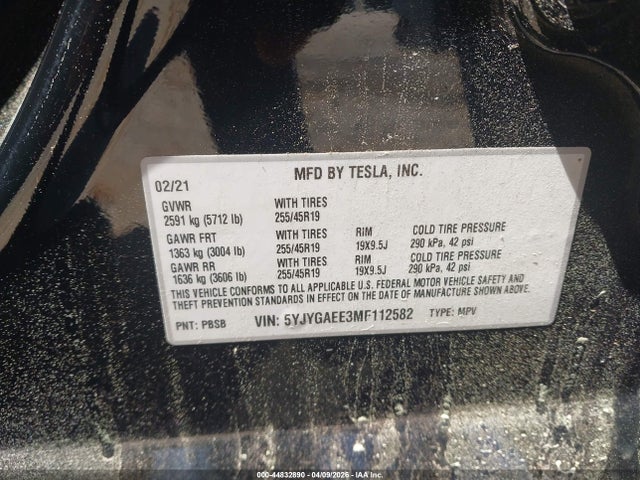 Aukcja sprzedaży 2021 Tesla Model Y Long Range Dual Motor All-wheel Drive, vin: 5YJYGAEE3MF112582, numer aukcji: 44832890