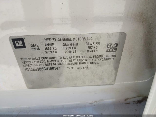44832903 :رقم المزاد ، 1G1JE6SB6G4150147 vin ، 2016 Chevrolet Sonic Ltz Auto مزاد بيع