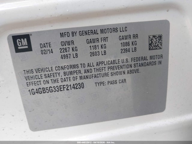 2014 Buick Lacrosse Leather Group მანქანა იყიდება აუქციონზე, vin: 1G4GB5G33EF214230, აუქციონის ნომერი: 44832912