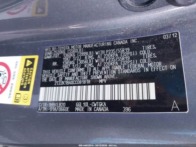 Aukcja sprzedaży 2012 Lexus Rx 350, vin: 2T2ZK1BAXCC081818, numer aukcji: 44832914
