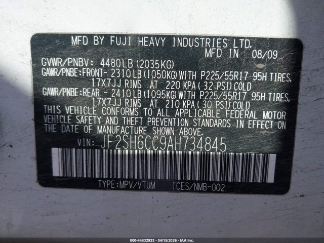 44832933 :رقم المزاد ، JF2SH6CC9AH734845 vin ، 2010 Subaru Forester 2.5x Premium مزاد بيع