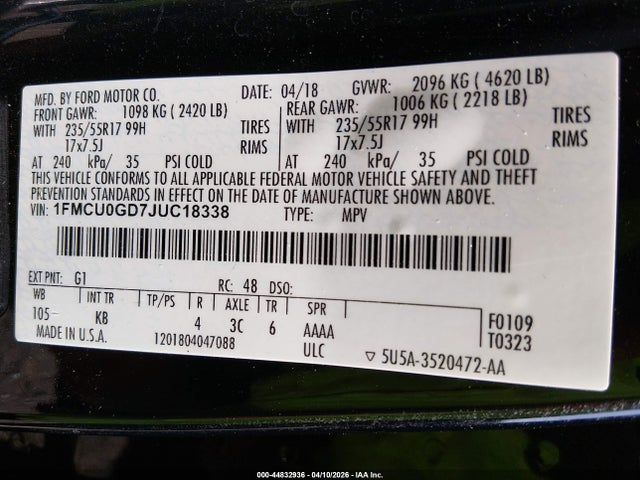 Продаж на аукціоні авто 2018 Ford Escape Se, vin: 1FMCU0GD7JUC18338, номер лоту: 44832936