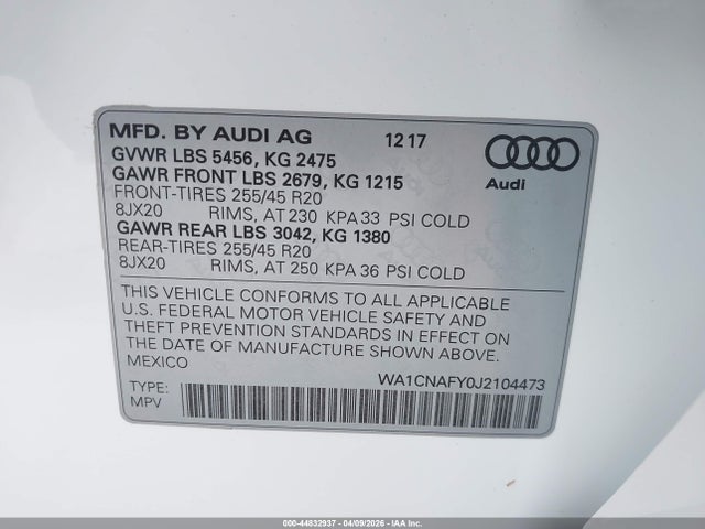 44832937 :رقم المزاد ، WA1CNAFY0J2104473 vin ، 2018 Audi Q5 2.0t Premium/2.0t Tech Premium مزاد بيع
