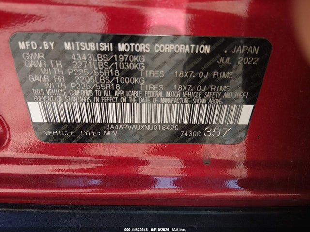 Продажа на аукционе авто 2022 Mitsubishi Outlander Sport 2.0 Se 2wd/2.0 Se Special Edition 2wd, vin: JA4APVAUXNU018420, номер лота: 44832946