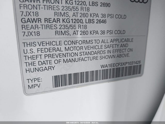 WA1EECF3XP1031426 Audi Q3 Premium Plus 45 Tfsi S Line Quattro Tiptronic