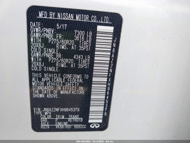 44832983 :رقم المزاد ، JN8AZ2NFXH9645379 vin ، 2017 Infiniti Qx80 مزاد بيع