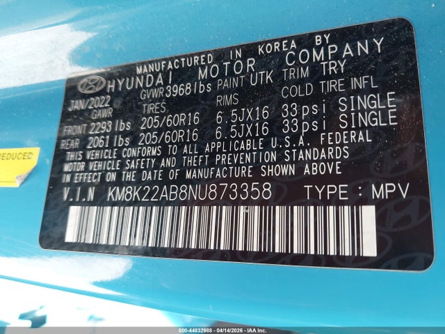 2022 Hyundai Kona Se მანქანა იყიდება აუქციონზე, vin: KM8K22AB8NU873358, აუქციონის ნომერი: 44832988