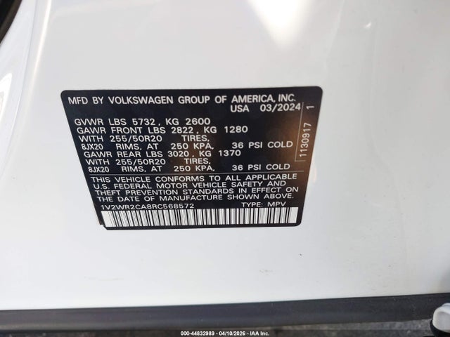 Продажа на аукционе авто 2024 Volkswagen Atlas 2.0t Se W/technology, vin: 1V2WR2CA8RC568572, номер лота: 44832989