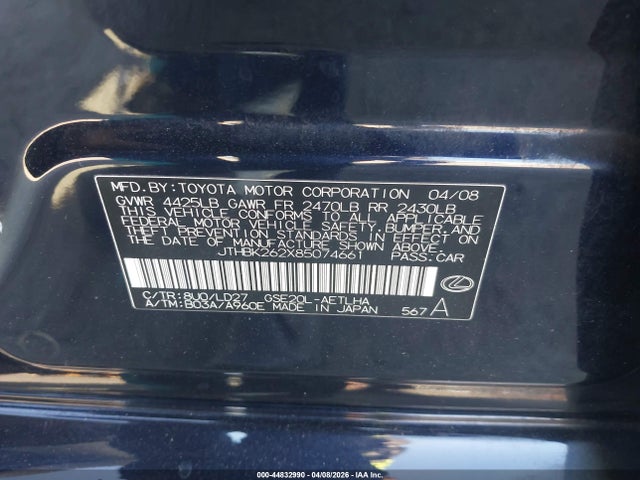 Aukcja sprzedaży 2008 Lexus Is 250, vin: JTHBK262X85074661, numer aukcji: 44832990