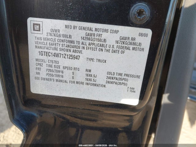 44833001 :رقم المزاد ، 1GTEC14W71Z125947 vin ، 2001 Gmc Sierra 1500 Sl مزاد بيع