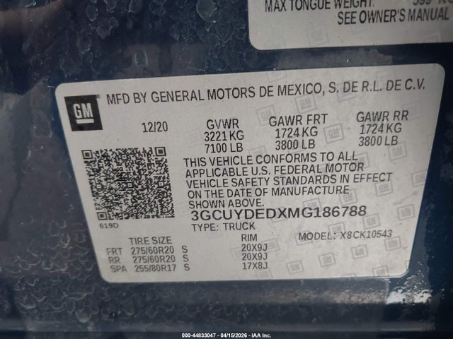 Auction sale of the 2021 Chevrolet Silverado 1500 4wd  Short Bed Lt, vin: 3GCUYDEDXMG186788, lot number: 44833047