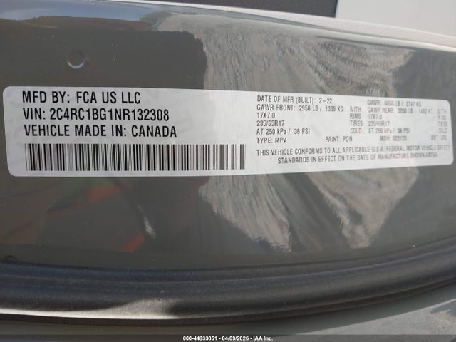 2022 Chrysler Pacifica Touring L მანქანა იყიდება აუქციონზე, vin: 2C4RC1BG1NR132308, აუქციონის ნომერი: 44833051